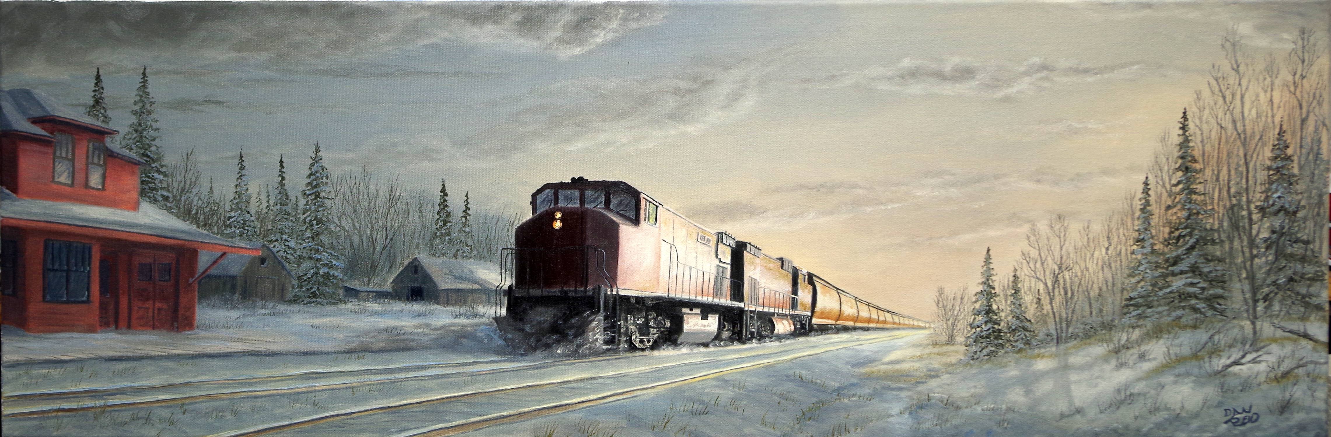 Early Morning Train Coming Through Stretched Canvas by Dan Reid